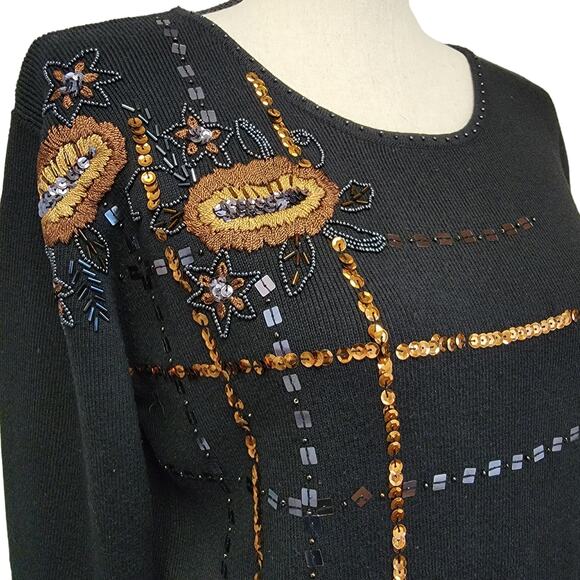 VTG 90s Kikit Sweater Womens M Black Brown Gold Floral Sequin Beaded Embroidered - Picture 4 of 8